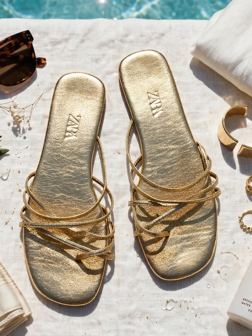 ZARA Metallic Gold Multi-Strap Slide Sandals - Picture 5 of 16